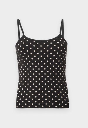 Μαύρο τοπ με λεπτές ραντάκια και λευκά πουά, με ευθεία λαιμόκοψη και εφαρμοστή γραμμή σε απλό φόντο.