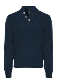 Navyblauer gestrickter Pullover mit einem strukturierten Muster, V-Ausschnitt und drei Knöpfen am Kragen. Lange Ärmel und gerippter Saum.