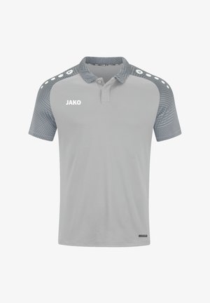 Grijze polo shirt van gestructureerde stof, met een kraag, een wit logo op de borst en een patroontekening op de schouders.