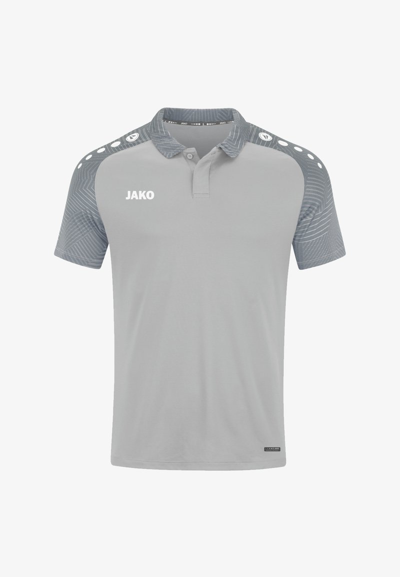 Polo grigio realizzato in tessuto strutturato, con colletto, logo bianco sul petto e accenti decorati sulle spalle.