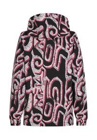 Hooded jack met een zwarte basis en een abstract patroon in roze en wit, elastische boorden en een losse pasvorm.