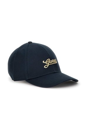 Casquette de baseball bleu marine avec une visière courbée et un logo "Guess" doré brodé sur le panneau avant.