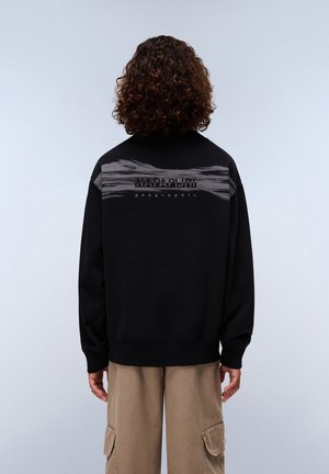 Schwarzer Sweatshirt mit strukturierten grauen Akzenten auf der Rückseite, mit einem auffälligen Logo. Rippbündchen und Saum, lässiger Schnitt.