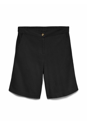 Sorte knælange shorts med knaplukning, elastik i taljen og sidelommer, vist fladt på en hvid baggrund.