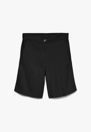 Black knee-length shorts with a button closure, elastic waistband, and side pockets, displayed flat on a white background.