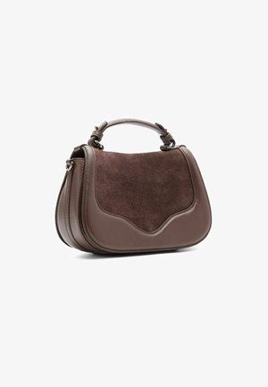 Brown leather and suede handbag with a curved flap and a structured shape. Features a short handle and accent stitching along the edges.