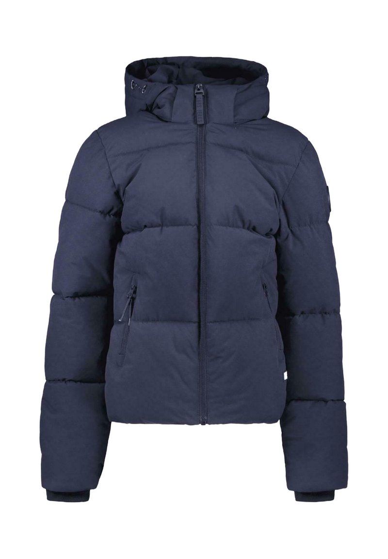 Navyblauwe pufferjack met een ritssluiting aan de voorkant, capuchon en geribde manchetten. Beschikt over een gewatteerd ontwerp en twee zijzakken met rits.
