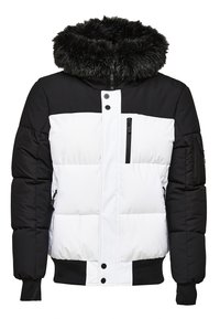 Padded jacket featuring a black top and white bottom, a faux fur-lined hood, zippered pockets, and ribbed cuffs and hem.