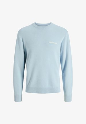 Vaaleansininen neulepaita, joka on valmistettu teksturoidusta kankaasta, pyöreällä kaula-aukolla ja pitkillä hihoilla. Huomattava brodeerattu logo edessä.