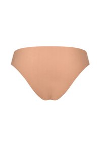 Beige naadloze bikini slip met een gladde textuur en een lage taille, met een eenvoudig ontwerp zonder zichtbare naden of patronen.