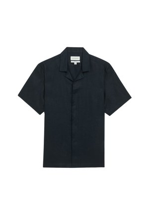Camisa de lino de manga corta en azul oscuro, con cuello extendido y un ajuste relajado. Cuenta con cierre de botones y una textura suave.
