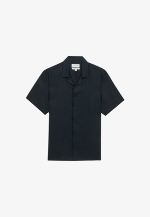 Chemise à manches courtes bleu foncé en lin avec un col évasé et une coupe décontractée. Elle possède une fermeture à boutons et une texture lisse.