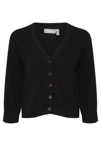 Svart cardigan med V-ringning, fem bruna knappar fram, och långa ärmar. Tillverkad av mjukt, texturerat tyg.