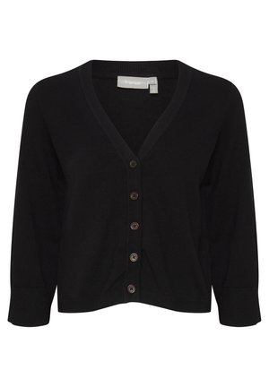 Cardigan noir avec un décolleté en V, cinq boutons marron sur le devant et des manches longues. Fait en tissu doux et texturé.