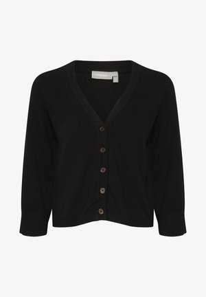 Schwarze Strickjacke mit V-Ausschnitt, fünf braunen Knöpfen vorne und langen Ärmeln. Aus weichem, strukturiertem Stoff.