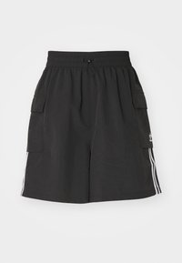 Pantaloni cargo neri realizzati in tessuto leggero, con vita elasticizzata e cordino, tasche laterali e strisce bianche ai lati.