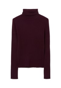 Maglione bordeaux a collo alto con texture a coste, design aderente, maniche lunghe e colore uniforme. L'orlo termina in vita senza dettagli aggiuntivi.