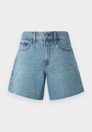 Denim shorts in light blue, featuring a high waist, five pockets, and raw hem. Made of textured cotton fabric with a classic design.