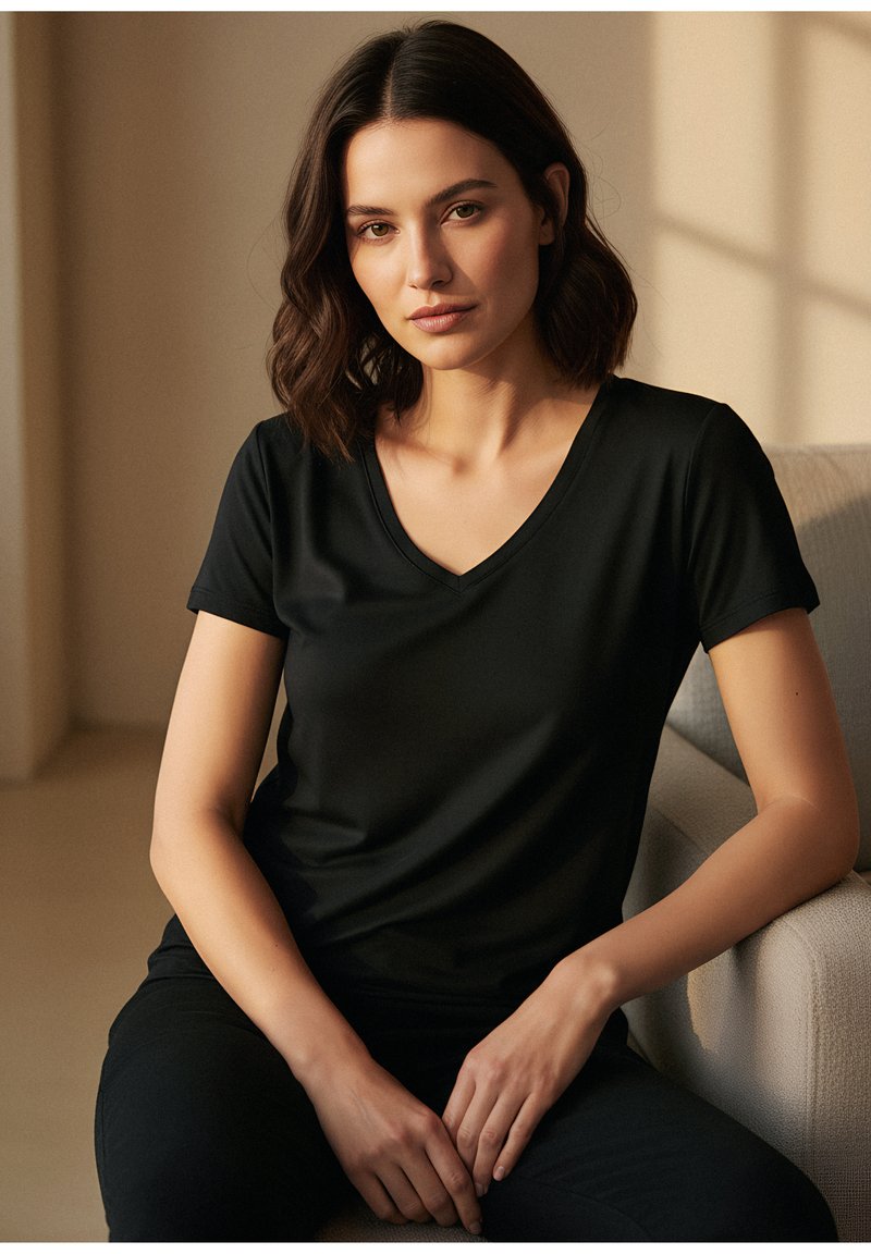 Juoda V formos kaklo marškinėliai iš lygaus audinio, trumpomis rankovėmis, laisvo kirpimo ir minimalistinio dizaino, derinami su tamsiomis kelnėmis.