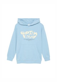 Lichtblauwe hoodie met een voorzak, voorzien van een verouderd wit grafisch tekstontwerp. Gemaakt van katoen, met een ontspannen pasvorm en een verstelbare capuchon.