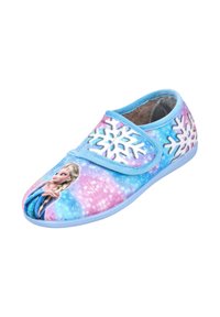 Zapatilla de tela azul y rosa con diseño de copos de nieve, con una gráfica de personaje. Autobroche de velcro para el cierre; superficie suave y texturizada.