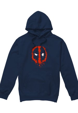 Navy blue hoodie with a large front pocket and a red and white distressed Deadpool logo on the chest.