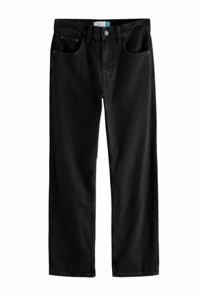 Black straight-leg denim jeans with a classic five-pocket design, sturdy stitching, and a smooth texture. Front button closure at the waistband.