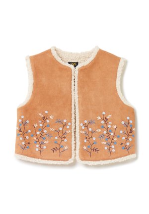 Lysebrun ærmeløs vest med hvid fleeceforing og blåblomsterbroderi langs de nederste kanter, foran åben uden knapper eller lynlåse.