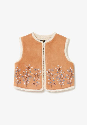 Lysebrun ærmeløs vest med hvid fleeceforing og blåblomsterbroderi langs de nederste kanter, foran åben uden knapper eller lynlåse.