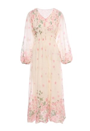 Lungo abito crema trasparente con motivo floreale rosa, scollatura a V, bottoni perla, vita raccolta e maniche lunghe a sbuffo con polsini elastici.