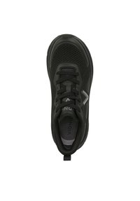Black athletic shoe with a mesh upper and a cushioned sole. Features black laces, logo accents, and a pull tab at the heel.