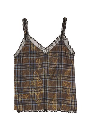 Rjava karo cmo z črnim čipkastim robom. Ima rumene vzorce, nastavljive naramnice in razširjen kroj. Gladek, lahek material.