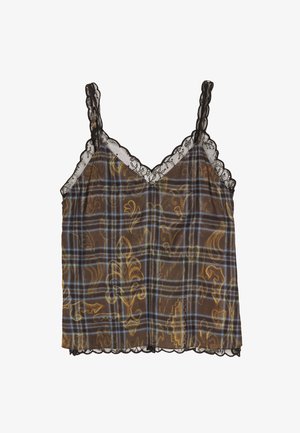 Camisole à carreaux marron avec bordure en dentelle noire. Présente des motifs jaunes, des bretelles ajustables et une forme évasée. Tissu lisse et léger.