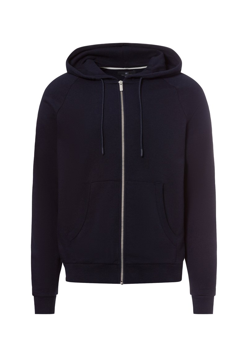 Navy blue zip-up hoodie, made of soft fabric, features a spacious front pocket, ribbed cuffs, and an adjustable drawstring hood.