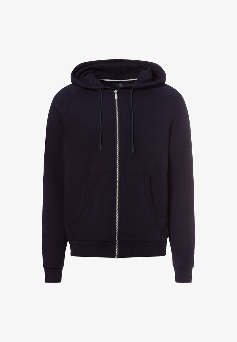 Navy blue zip-up hoodie, made of soft fabric, features a spacious front pocket, ribbed cuffs, and an adjustable drawstring hood.