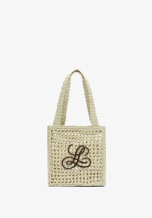 Geantă tip tote pătrată bej din croșetat, cu două mânere și un logo decorativ întrepătruns "LL" în maro închis pe partea din față.