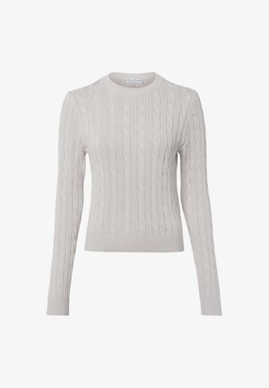Lichtgrijze gebreide trui met een ronde hals, geribbelde manchetten en een kabelpatroon over het geheel. Gemaakt van zachte, gestructureerde stof.