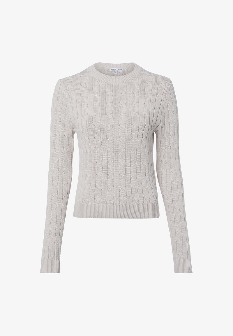 Pull gris clair en tricot avec un col rond, des poignets côtelés et un motif torsadé sur toute la surface. Fabriqué en tissu doux et texturé.