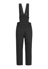 Schwarze wasserdichte Outdoor-Hosen mit verstellbaren Schulterträgern und verstärktem Gesäßbereich, entworfen für Aktivitäten bei kaltem Wetter.