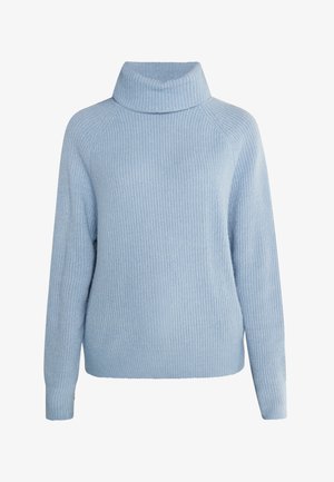 Gaiši zils džemperis ar augstu ribotu apkakli, kuram ir teksturēta adījuma dizains un ribotas piedurknes un apakšmala. Brīva piegriezuma, garas piedurknes.