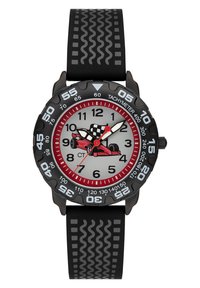 Schwarze Gummi-Uhr mit strukturiertem Armband, ausgestattet mit einem silbernen Ziffernblatt, roten und schwarzen Akzenten sowie einem Cartoon-Rennwagen-Design. Zahlenstundenmarkierungen.
