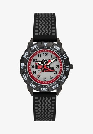 Black rubber watch with a textured strap, featuring a silver dial, red and black accents, and a cartoon race car design. Numeric hour markers.
