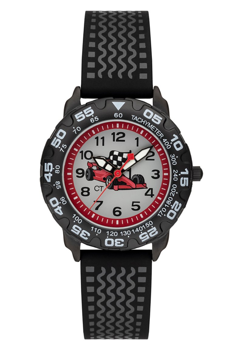 Schwarze Gummi-Uhr mit strukturiertem Armband, ausgestattet mit einem silbernen Ziffernblatt, roten und schwarzen Akzenten sowie einem Cartoon-Rennwagen-Design. Zahlenstundenmarkierungen.