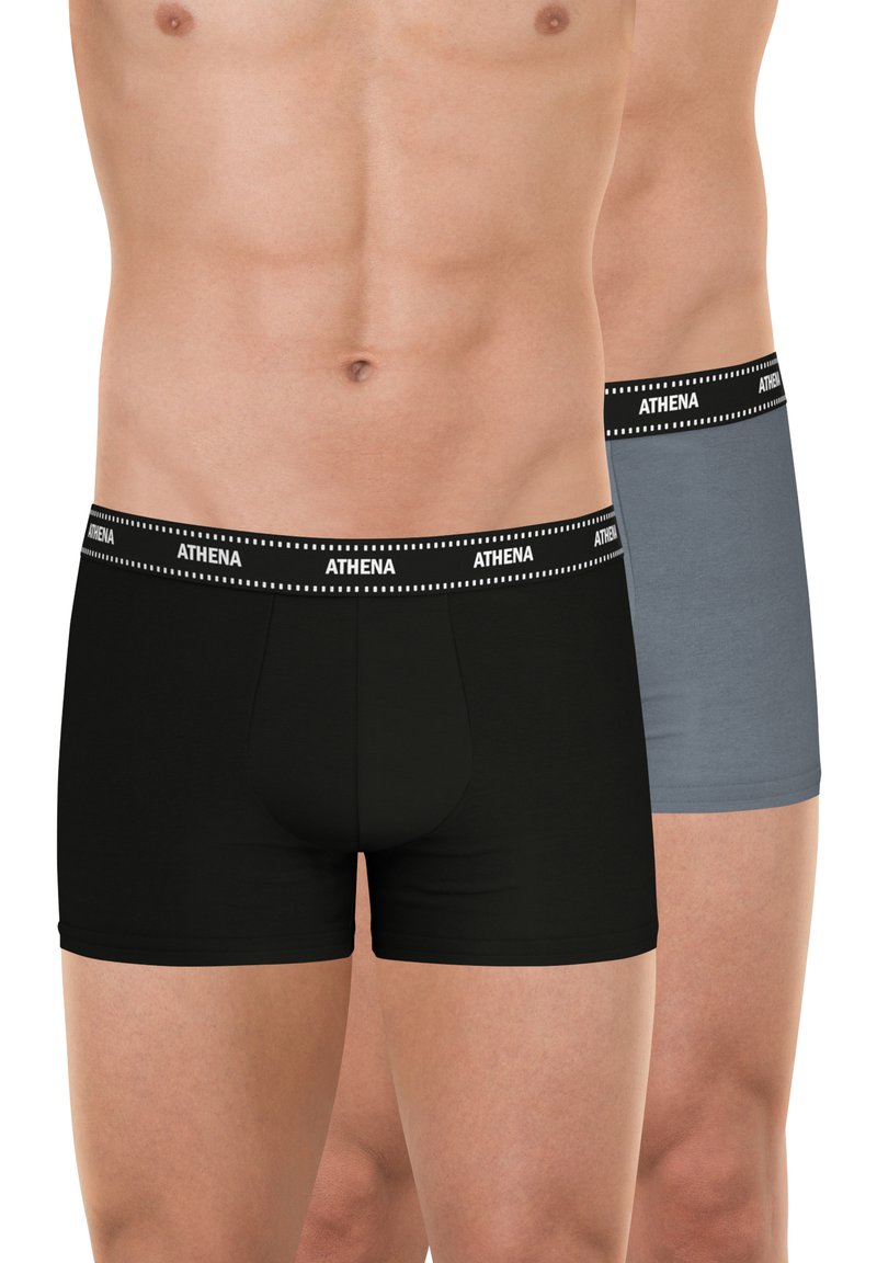 Boxer-briefs en coton noir et gris dotés d'une ceinture noire avec le logo "ATHENA" en blanc. Texture lisse, design ajusté.