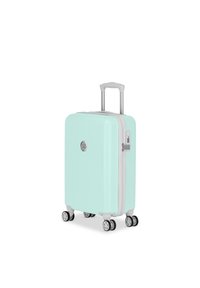 Harde koffer in lichtblauw, met een geometrisch patroon, zilveren ritsen en een uitschuifbare handgreep met vier wielen voor mobiliteit.