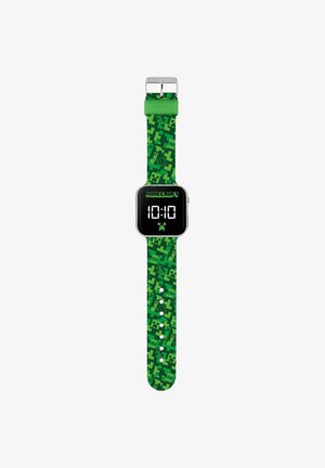 Digitale Uhr mit grünem, pixeliertem Minecraft-Themenarmband, schwarzem quadratischem Ziffernblatt, das die Uhrzeit 10:10 anzeigt, und Creeper-Icon unter dem Display.