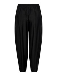 Pantalon noir ample avec une taille élastique et une coupe décontractée, avec un bas de jambe légèrement fuselé.