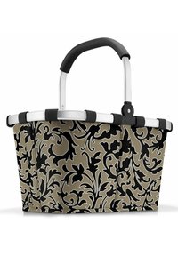 Cesta de compras plegable con un exterior de tela floral en negro y beige, marco de aluminio resistente y un mango de goma negra.
