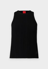 Top de punto negro de canalé sin mangas con escote redondo y pequeño logo "HUGO" en el dobladillo, etiqueta roja de marca en el interior del cuello.
