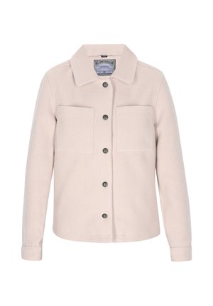 Pink wool blend jacket with a collar, two chest pockets, and black buttons. Designed with long sleeves and a straight fit.